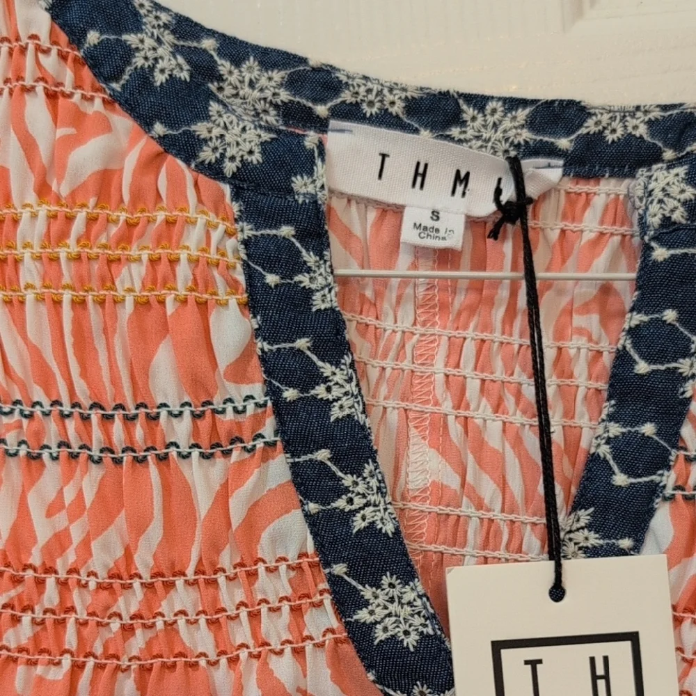THML Orange and White Smocked Sleeveless Blouse - Picture 3 of 4